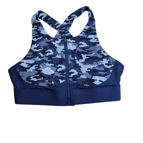 Fabletics Ella Blue Camo High Support Zip Front Sports Bra M NWT MSRP $59.95 - Picture 1 of 5